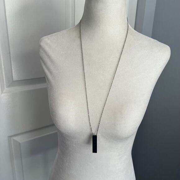 You're Too Close Silver Bar Inscribed Long Necklace on Silver Tone Chain - Picture 3 of 5